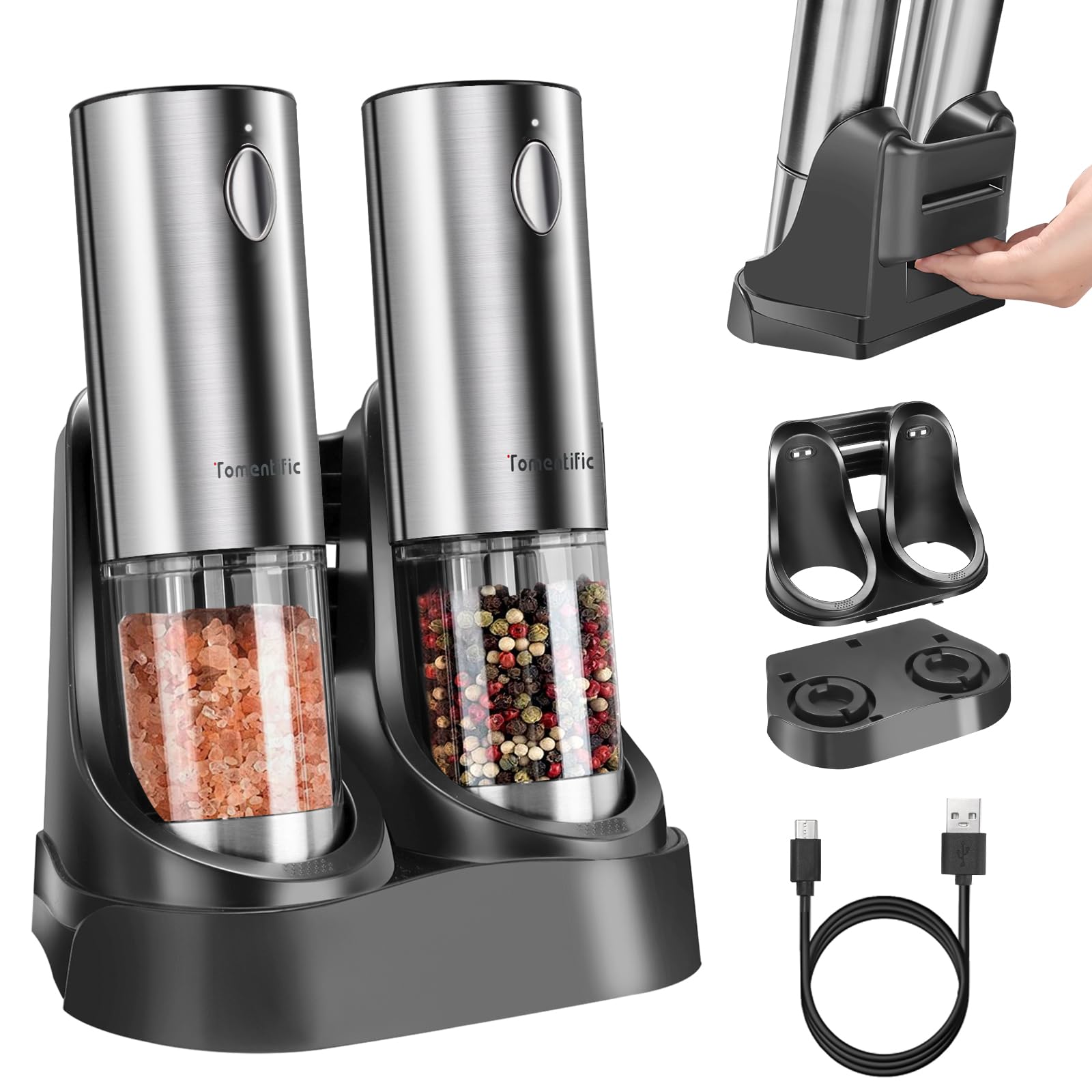 Photo 1 of [Upgraded Larger Capacity]Electric Salt and Pepper Grinder Set Tomentific, Automatic Pepper Mills with Easy-to-Carry Dual Charging Station and Adjustable Coarseness, LED Light, Stainless Steel