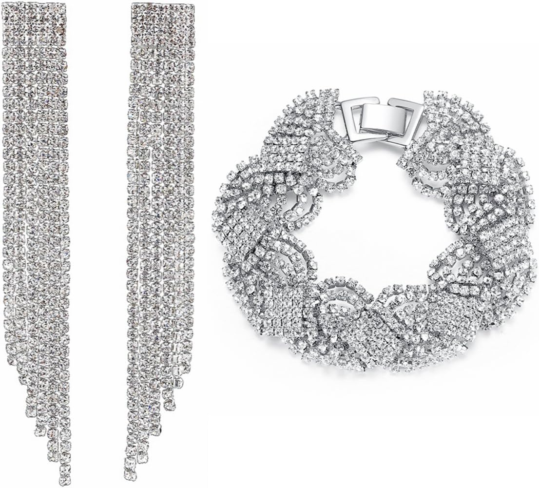mecresh Flower Teardrop Earring and Bracelets Silver/Gold/Champagne Bridal Jewelry Sets for Women