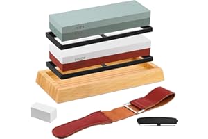 Whetstone Knife Sharpening Kit - 4 Side Professional Sharpening Stones (400/1000/3000/8000 Grit) with Bamboo Base,Leather Str