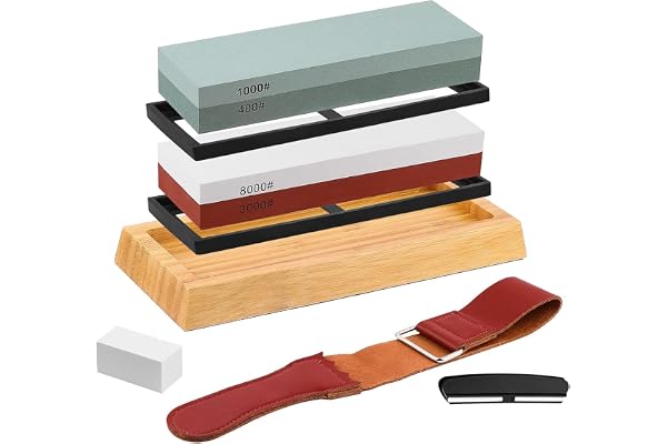 Whetstone Knife Sharpening Kit - 4 Side Professional Sharpening Stones (400/1000/3000/8000 Grit) with Bamboo Base,Leather Str