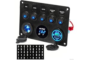 Upgraded 5 Gang Rocker Switch Panel - Type-C/QC 3.0 USB, Digital Volmeter, 12V Outlet, Pre-Wired with Circuit Breakers for RV