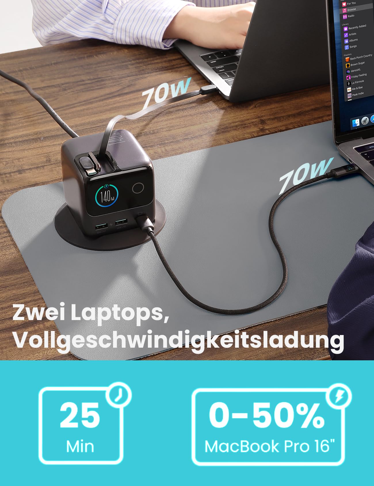 JOYROOM PODIX 140W 5‑in‑1 GaN Ultra Ladelstation, USB‑C Schnellladegerät mit 2 retraktablen 100W Kabeln (80 cm), 1,54" Smart LCD‑Anzeige, kompatibel mit MacBook, iPhone, Samsung | Für Büro & Zuhause 7