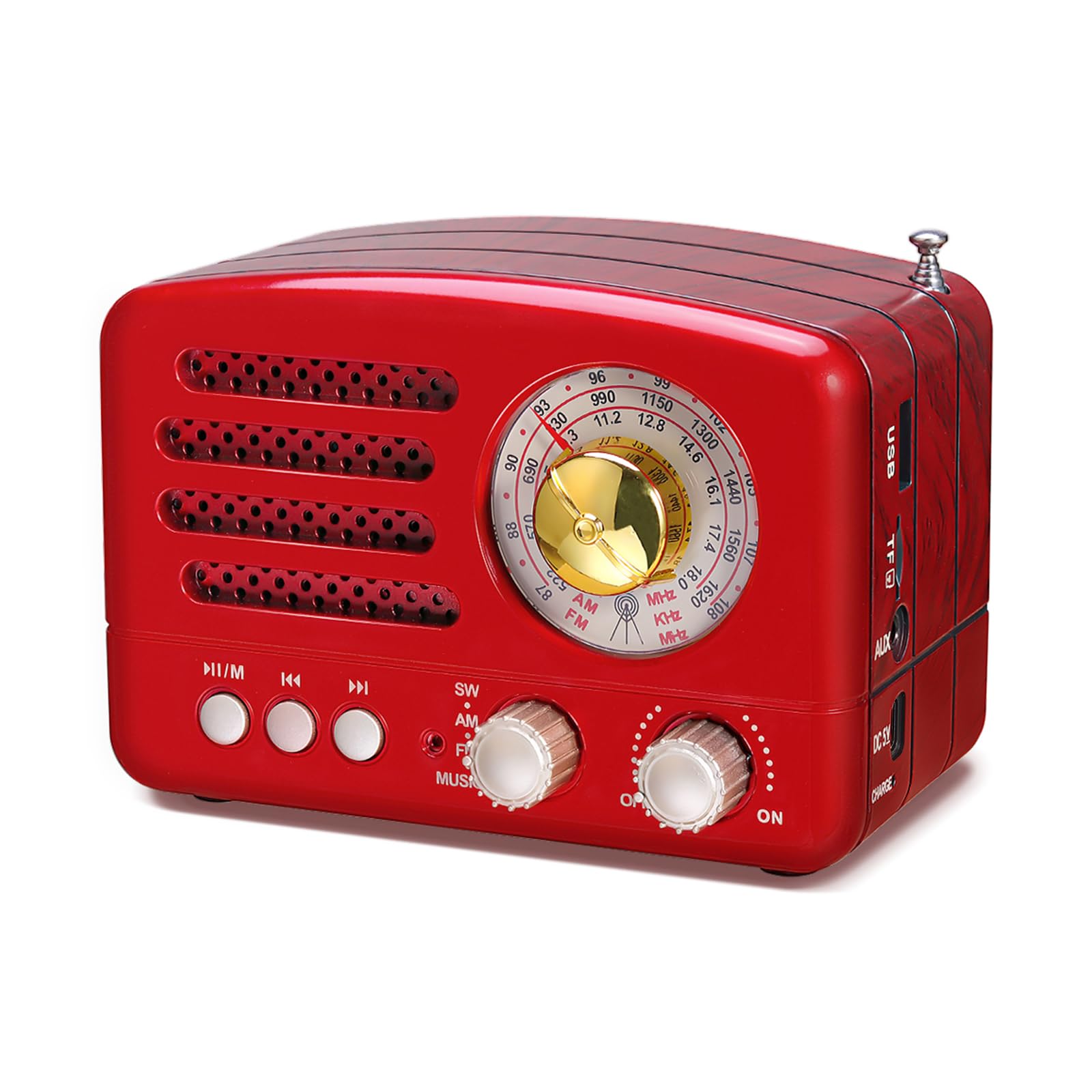 PRUNUS J-160 Portable Radio Retro, SW AM FM Radio Small with Bluetooth Speaker, Transistor radio Battery Operated,upgrade 1800mAh Rechargeable Battery,Supports TF Card/USB MP3 Player (Red)