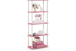 Furinno TURN-N-TUBE Storage Shelves, 5-Tier Book Shelf, Corner Shelf, Toolless Open Shelves, for Organization and Storage, Living Room, Garage, Home Office, Pink