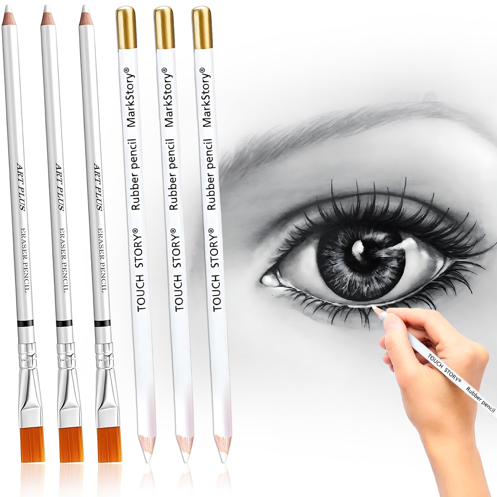 UICCVOKK 6PCS Wooden Pencil Eraser for Artists - Highlight and Sketch Drawing Pen With Rubber for Charcoal Artwork