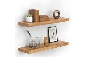 Solid Wood Floating Shelves Set of 2 16.5 Inch Rustic Wall Mounted Shelves with Iron Hinges, Durable Wooden Wall Shelves for 