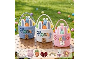 Personalized Easter Basket for Kids with Name - Custom Cute Embroidery Easter Bunny Rope Basket for Boys Girls, Easter Egg Hu
