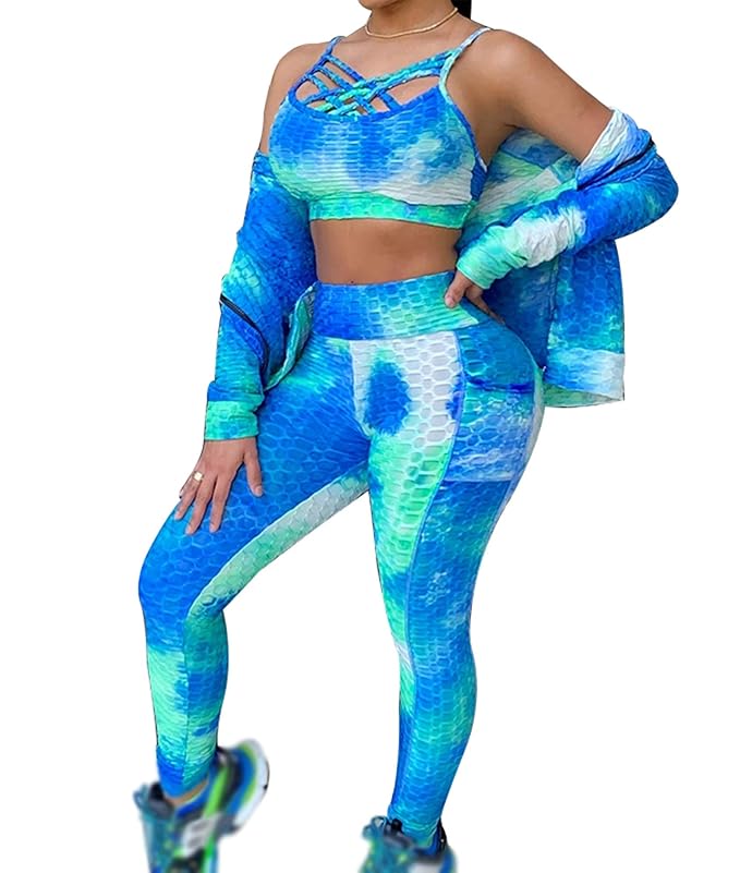 Women Workout Sets Tie Dye Sport Bra Crop Top High Waist