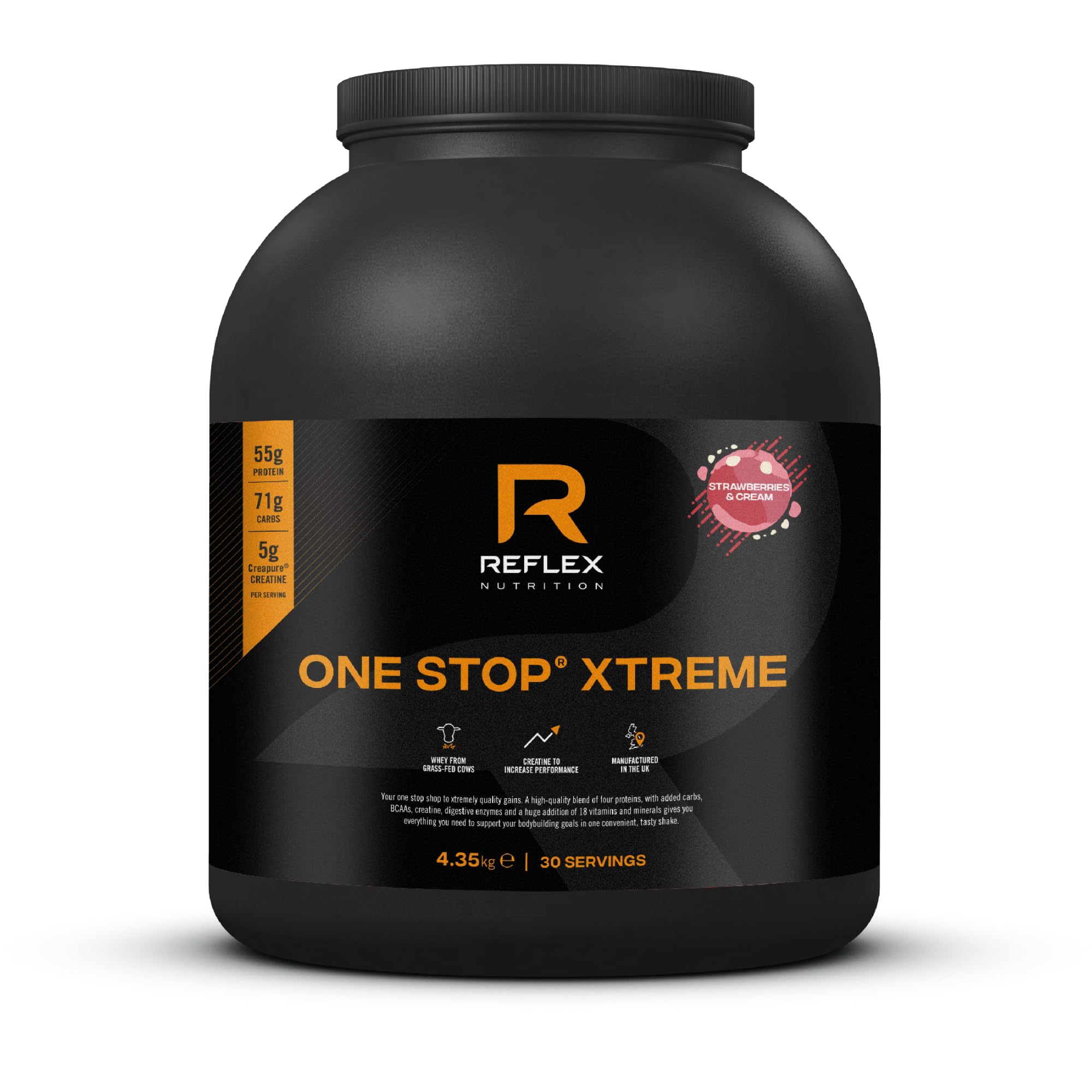 Reflex Nutrition One Stop® Xtreme - Serious Mass Gainer - All in One Protein Powder - 55g Protein, 10.3g BCAAs, 5,000mg Creatine - Muscle Building Protein Shake (Strawberries & Cream, 4.35kg)