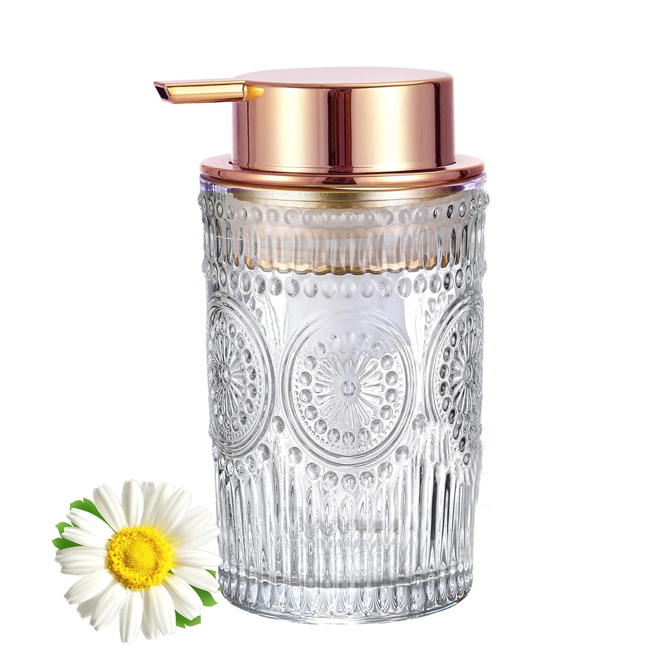 MIFULY Glass Soap Dispensers with Copper Rose Gold Pump Head, Hand Soap Dispenser for Kitchen and Bathroom, Heavey Sunflower Glass Cup 400ml/13.5oz - 1 Pack