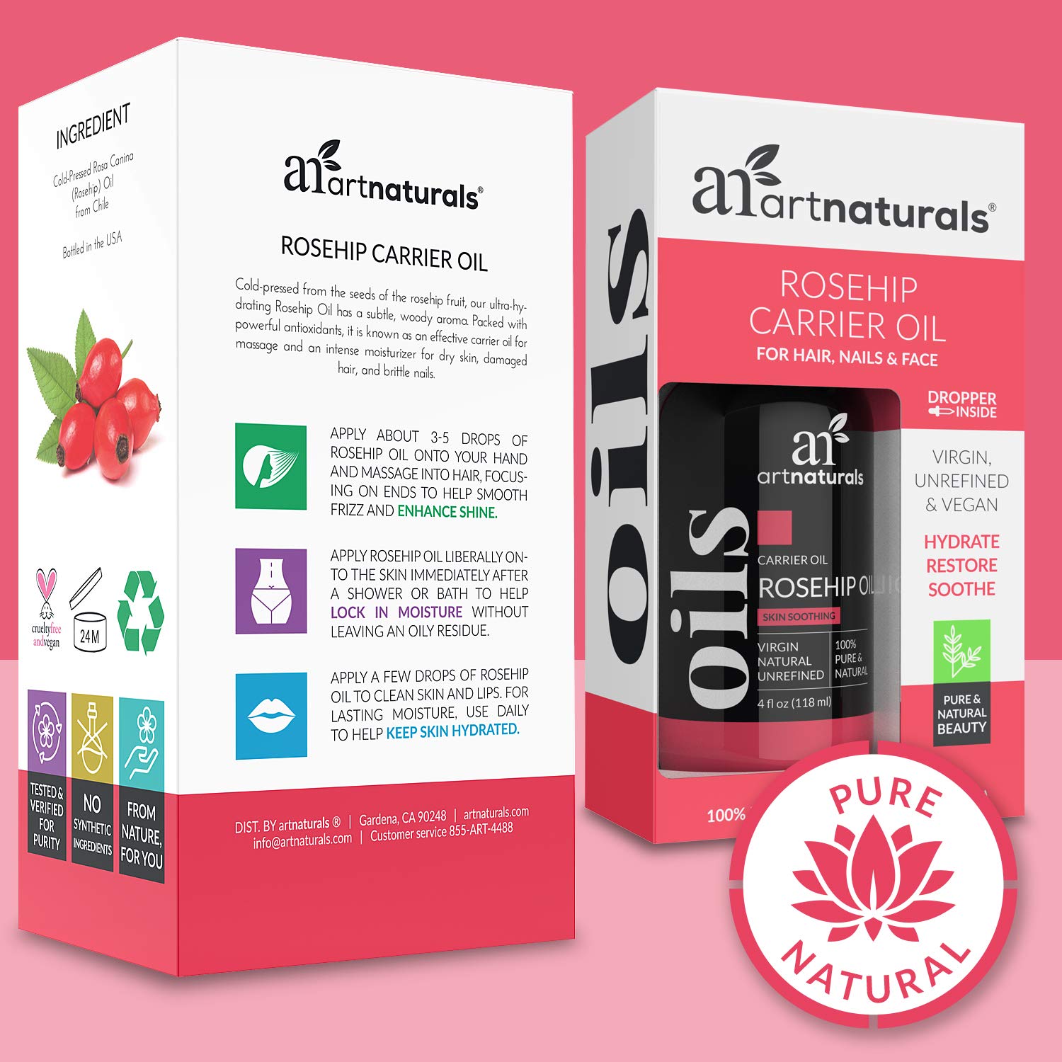 ArtNaturals Rosehip Seed Oil 4 oz for Face, Hair & Skin - 100% Pure Natural, Cold Pressed & Unrefined Rose Hip Oil - Anti-Aging Moisturizer Facial Oil for Dry Skin, Fine Lines, Scars & Wrinkles: Beauty
