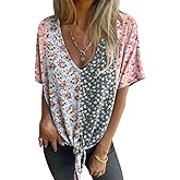 Women's Summer Tops Trendy V Neck Tie Front T-Shirt Casual Short Sleeve Loose Fit Top Blouses