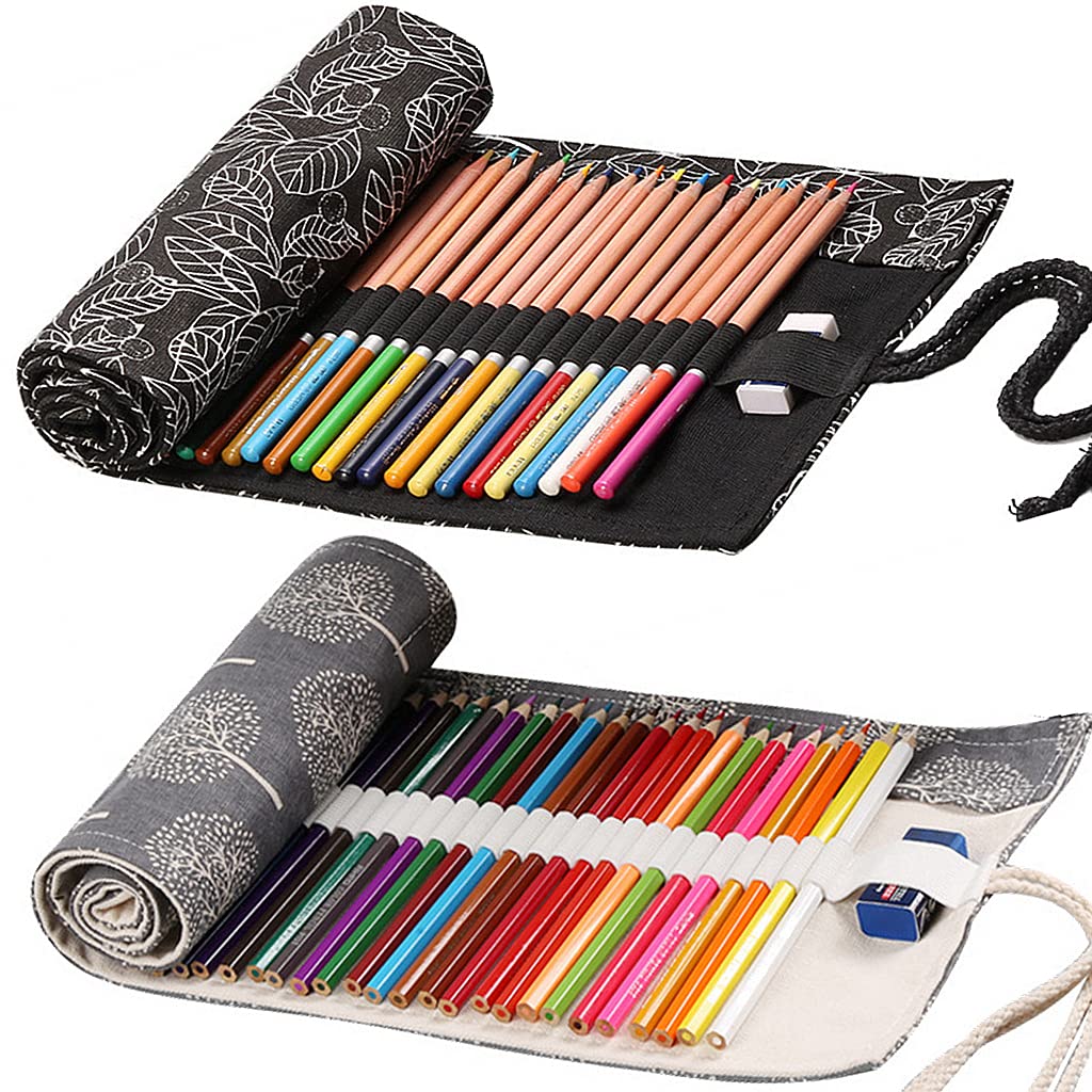 Canvas Pencil Wrap, Ouceanwin 2 Pieces 36 Holes Canvas Pencil Roll Portable Bag Pencil Case Pencil Roll Pen Holder Pencil Case for Artists Travel School
