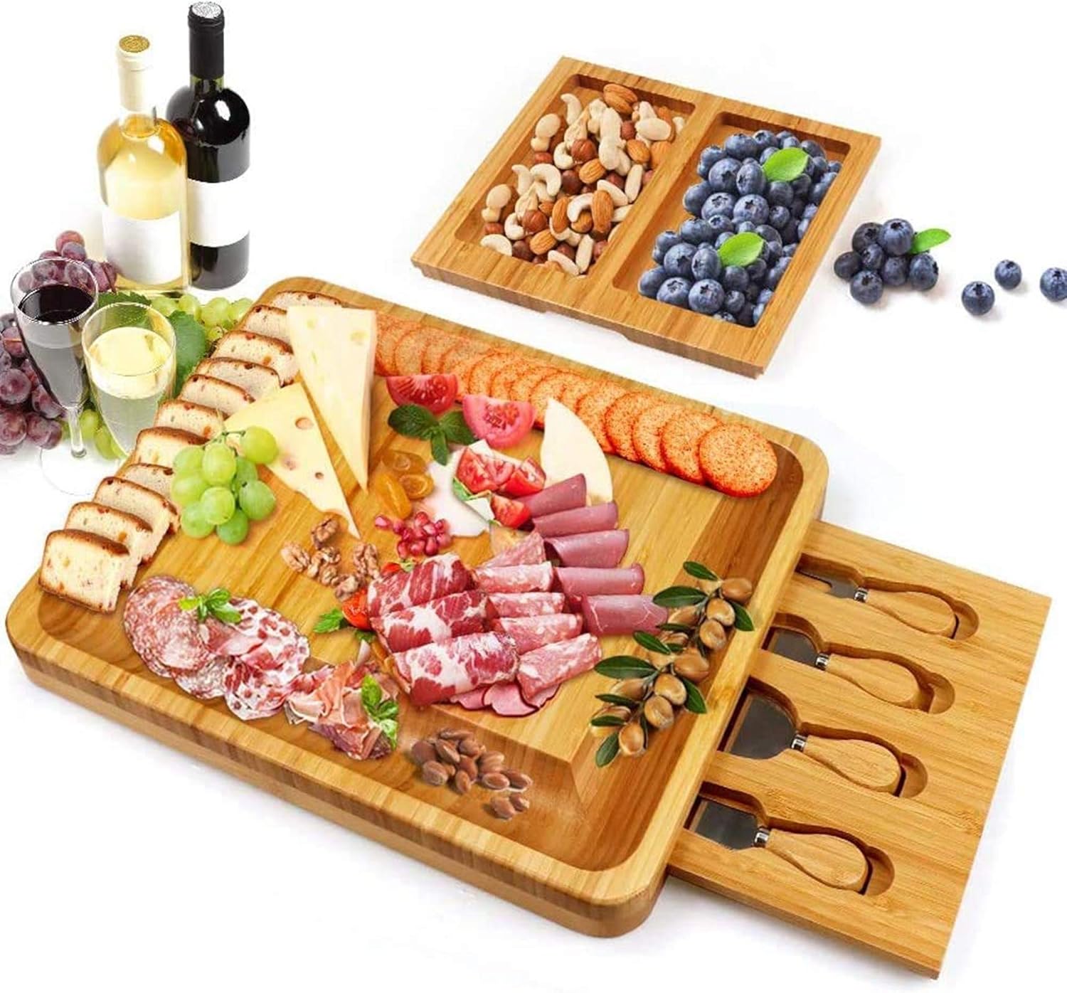 Bamboo Cheese Board and Knife Set, Cheese Servers with Hidden Drawer