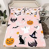 Gothic Spooky Bedding Set Pumpkin Lantern Cute Halloween Bed Sheets for Kids Boys Teens,Ghost Spiderwebs Fitted Sheet Black Cat Cobwebs Bats Halloween Decoration Twin Size Pink