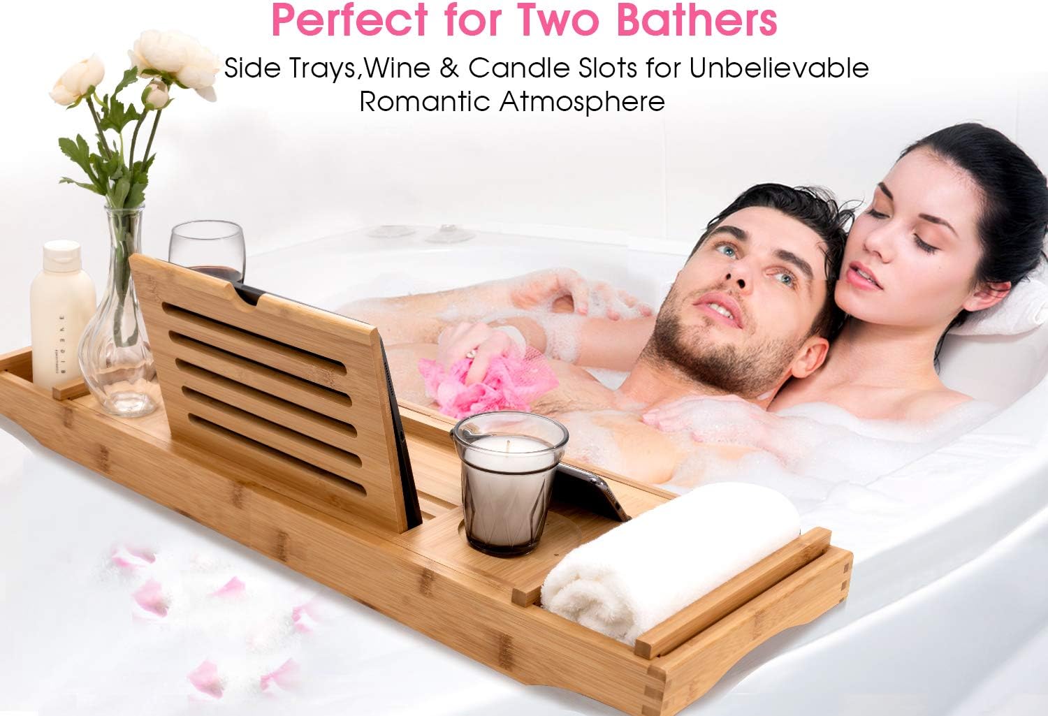 HBlife Bamboo Bathtub Caddy Tray [Durable, Non-Slip], One or Two Person Bath and Bed Tray, Extending Sides Fits Any Tub, Cellphone iPad and Wineglass Holder, Free Soap Holder -Natural Color: Home & Kitchen
