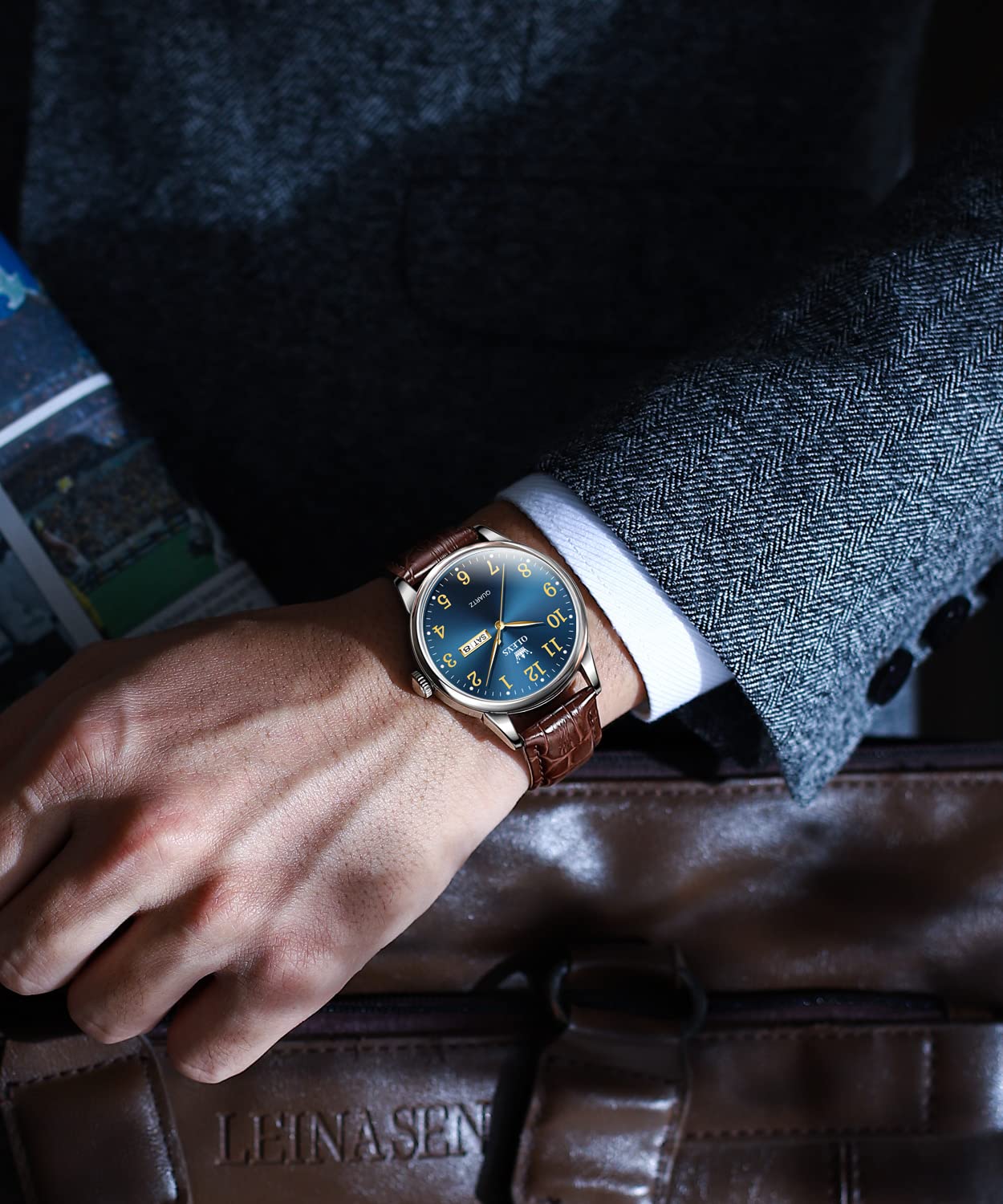 OLEVS Mens Watches with Leather Band Dress Vintage Classic Easy Reader Arabic Numerals Analog Quartz Waterproof Date and Day Blue/Black/White Large Face Men's Wrist Watches