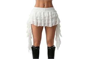 BEAUDRM Women's Floral Lace Layered Ruffle Mini Skirt Low Rise Asymmetrical Going Out Skirts