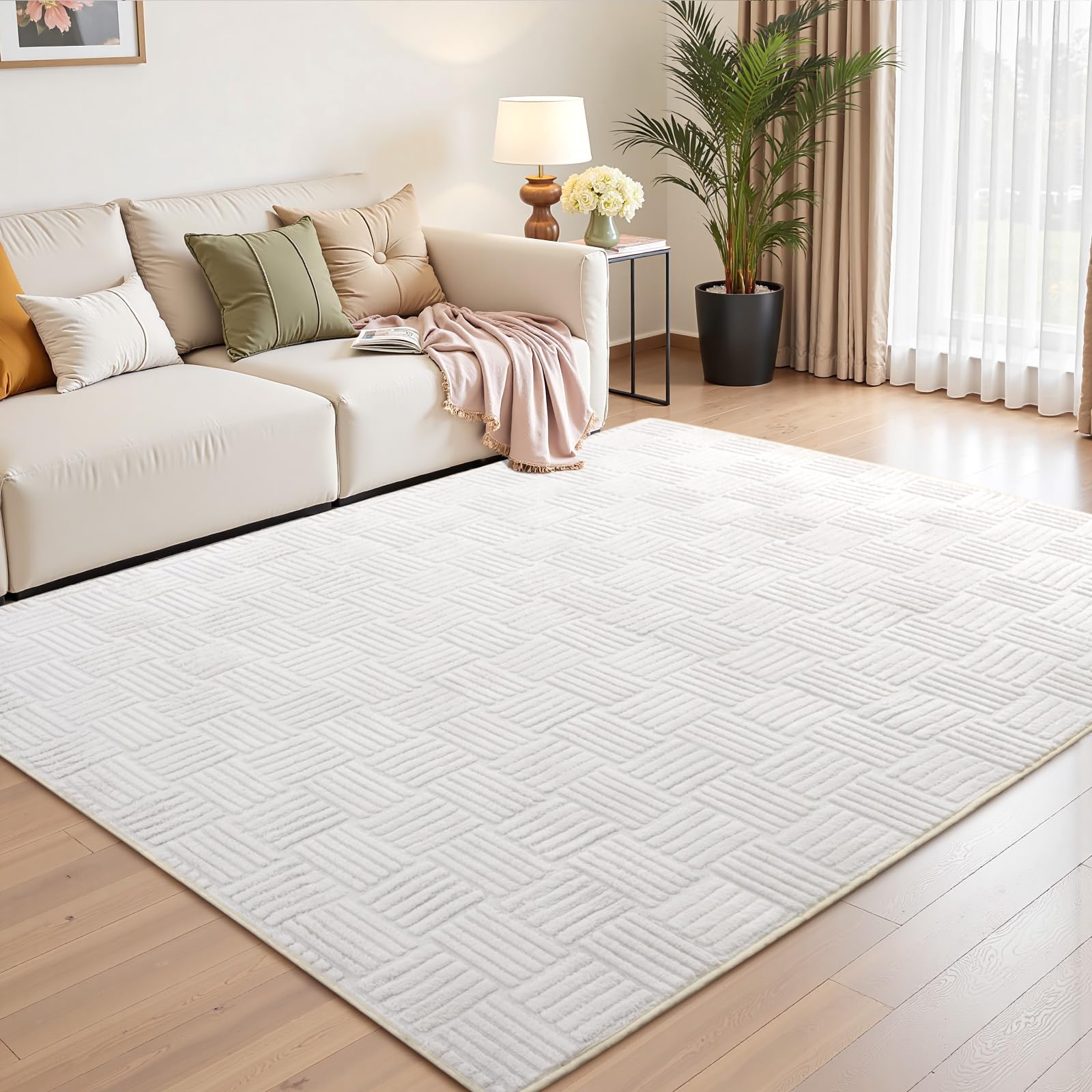 Photo 1 of 4x6 White Washable Shag Area Rug for Girls Bedroom, Modern Geometric Non Slip Living Room Rugs, Fluffy Soft Thick Carpet for Kids Room, Dorm, Office, Bedside, Entryway and Home Decor