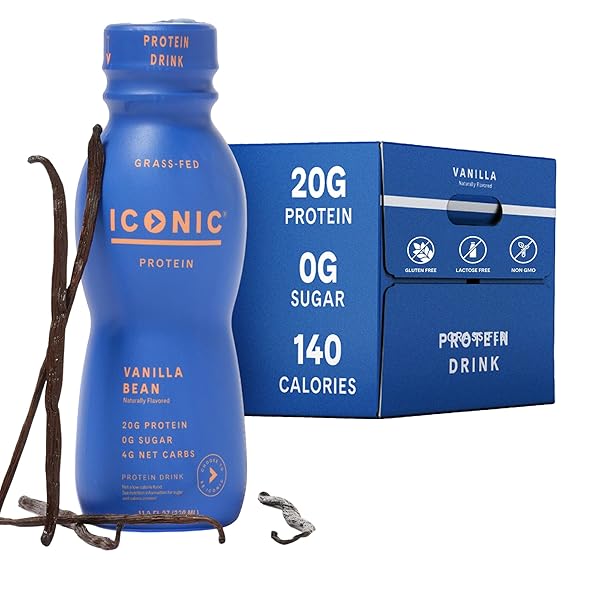 ICONIC PROTEIN DRINKS, VANILLA BEAN (12 PACK) – SUGAR FREE & LOW CARB – 20G GRASS FED PROTEIN – LACTOSE FREE, GLUTEN FREE, NON-GMO, KOSHER – KETO FRIENDLY PROTEIN SHAKES