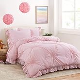 HOMBYS Pink Bedding Comforter Set for Girls, 3 Piece Blush Pinch Pleat Comforter Set with Ruffles for All Season,Twin Size