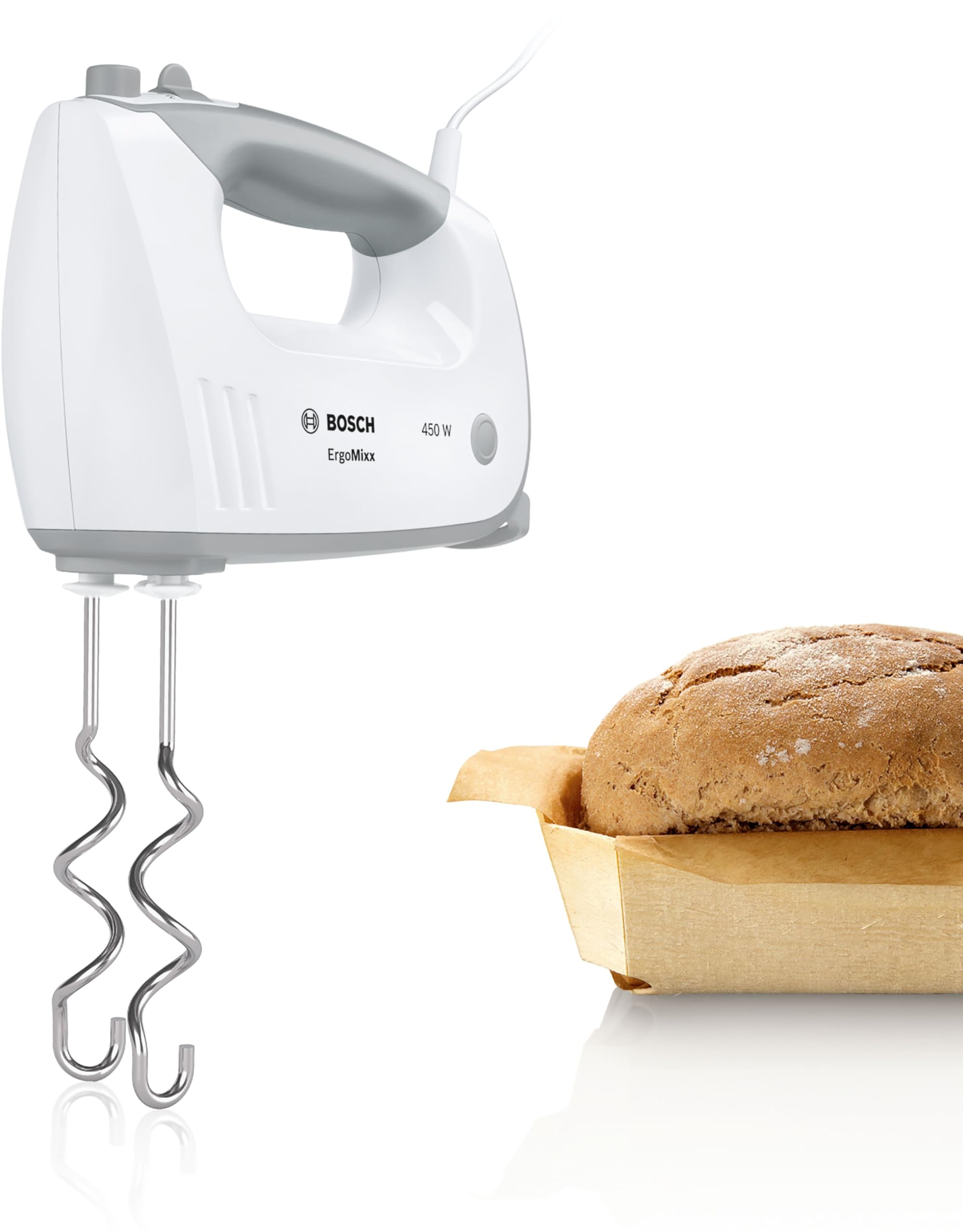 Bosch Handrührgerät, 2 Rührbesen, 2 Knethaken, Edelstahl, spülmaschinenfest, Pürierstab, Mixbecher, 5 Stufen plus Turbostufe, 450 W, weiß, ErgoMixx MFQ36440 2