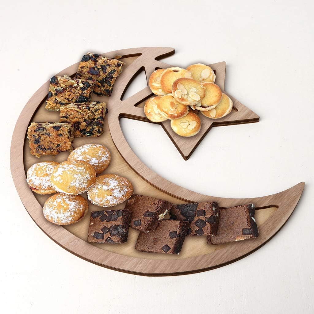 Zhoujinf Eid Tray，Rustic Wooden Crescent Moon Srar Eid Ramadan Party Food Serving Tableware Dessert Pastry Tray Exquisite Gift.
