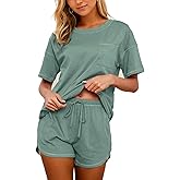 KCW Pajamas for Women Set 2 Piece 100% Cotton Lounge Sets Short Sleeve Top and Shorts Pj Set Sleepwear Outfits