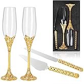 juciasouul 4 Pcs Wedding Cake Knife and Champagne Flutes Server Set, Mr and Mrs Champaign Flutes, Bride and Groom Champagne Glasses, Crystal Rhinestone Wedding Toasting Glasses for Couple Bride Groom