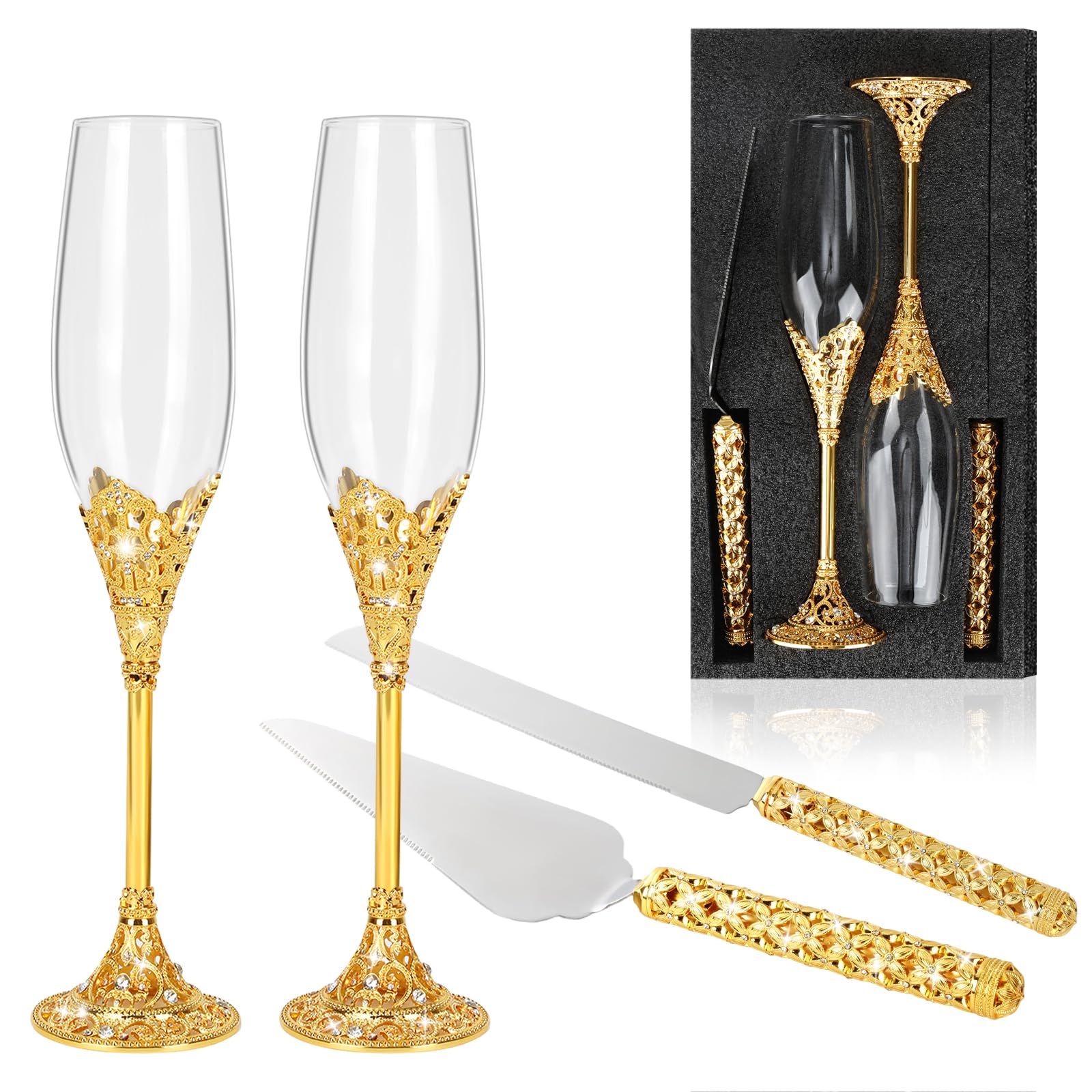 Photo 1 of *****************Missing cake knife and spatula*************
juciasouul 4 Pcs Wedding Cake Knife and Champagne Flutes Server Set, Mr and Mrs Champaign Flutes, Bride and Groom Champagne Glasses, Crystal Rhinestone Wedding Toasting Glasses for Couple Bride