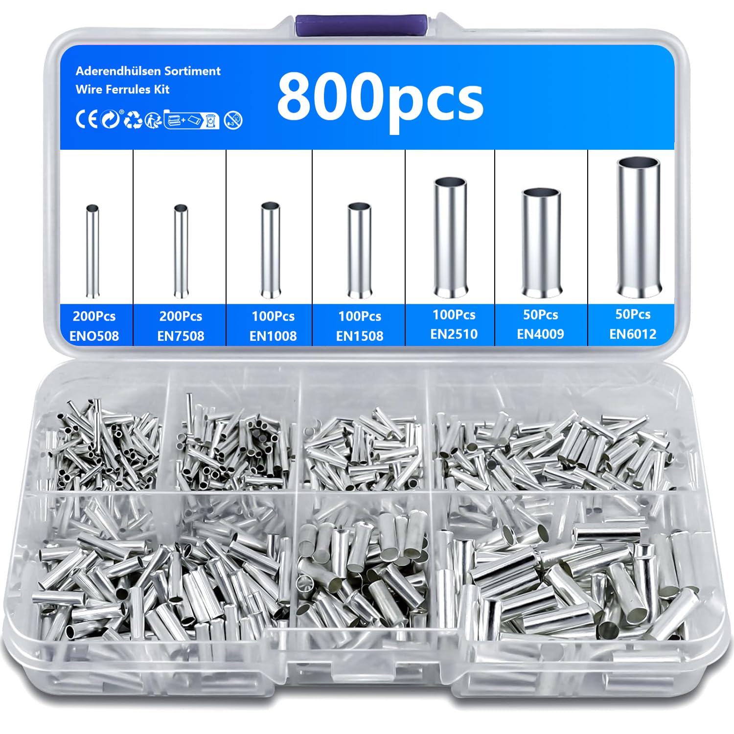 800 Pcs Wire Ferrules Kit, Non-Insulated Bootlace Ferrules, 10-22 AWG Uninsulated Ferrule Crimp Terminals, Tinned Copper Wire Ferrule Electrical Terminal Crimp Connectors for Electrical Project