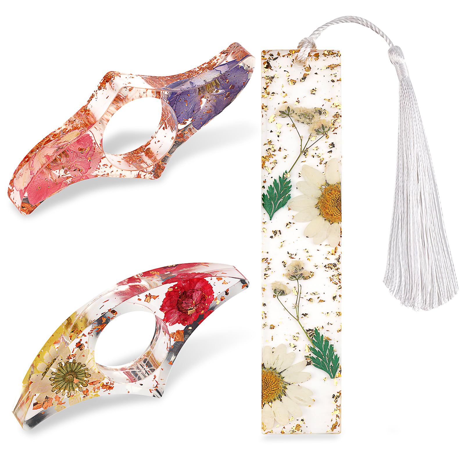 Prasacco 2 Pcs Thumb Book Page Holder and 1 Pc Bookmark, Dried Flower Resin Book Page Holder Bookmark Page Holder Book Accessories Book Lovers Gift Ideas for Teacher Reading Students Book Lovers