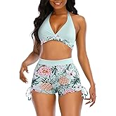 Womens High Waisted Swimsuits with Boy Shorts Brazilian Triangle Top Stripes Halter Bikini Two Piece Bathing Suits