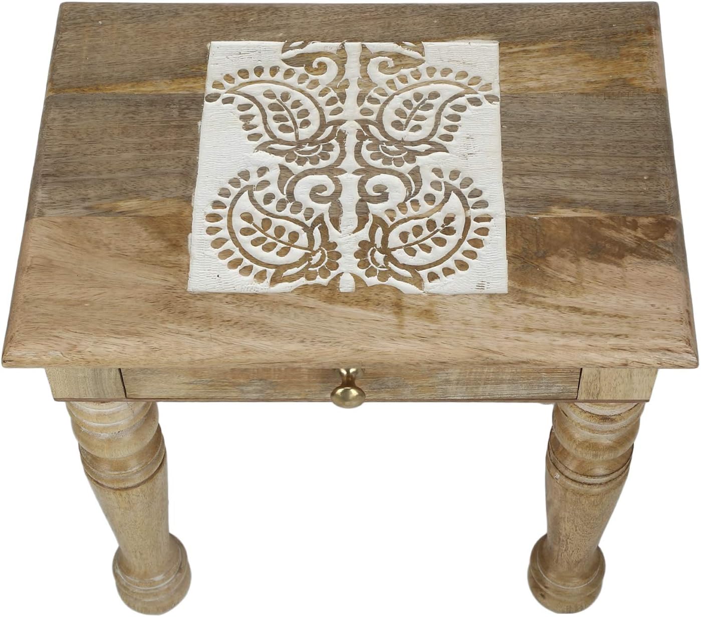 SAVON Wooden Square White Paisley Carved Drawer Side End Table