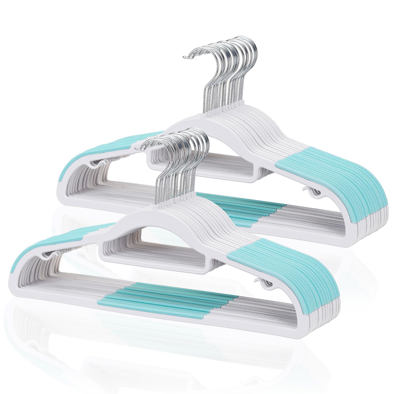 Tonswachic Pack of 30 Coat Hangers, Space-Saving Plastic Clothes Hangers, Non-Slip, 0.2 Inches Slim, 360° Swivel Silver Hook for Shirts, Pants, Suit & Wet/Dry Garments, Blue and White