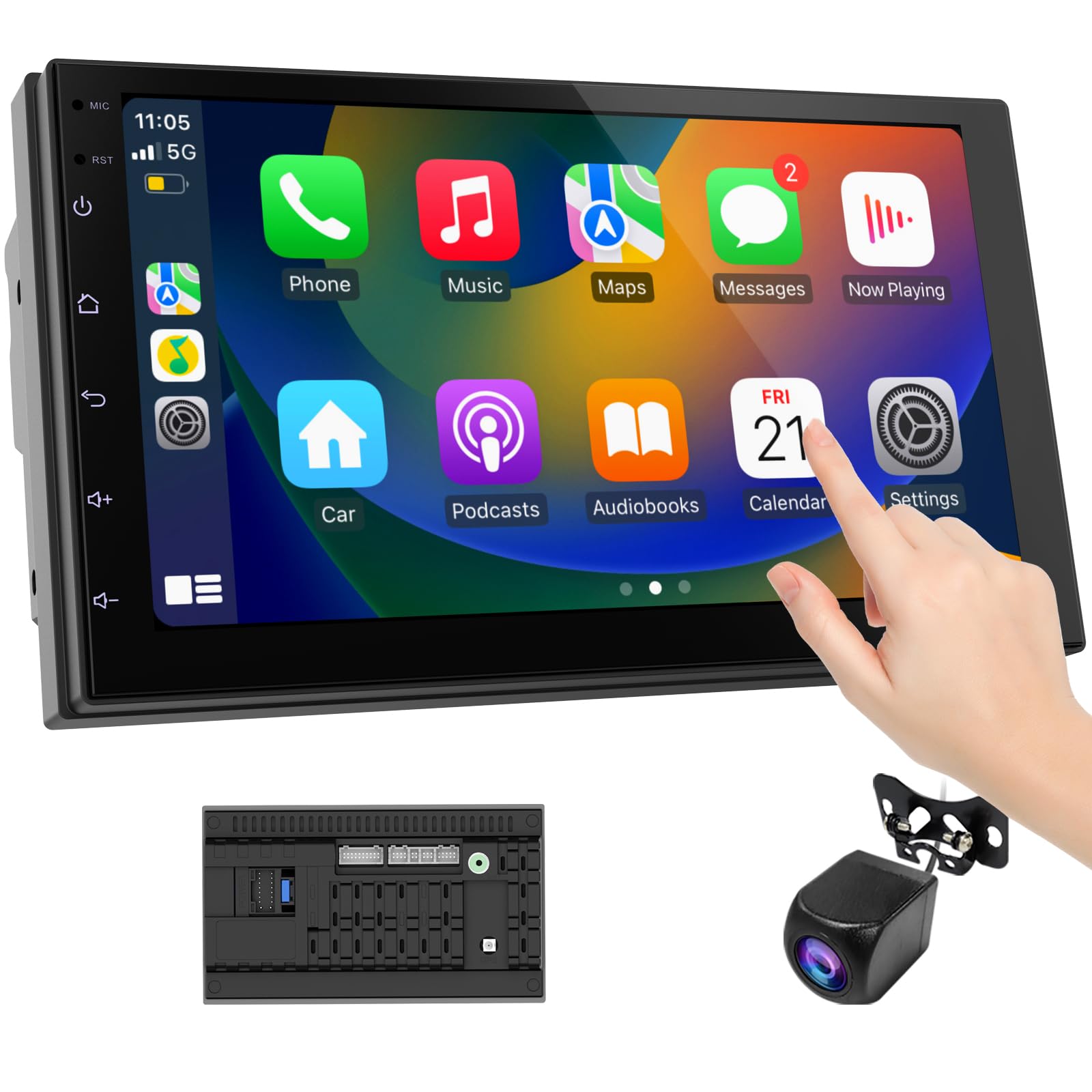 Wireless CarPlay Screen for Car & Android Auto Head Unit - Touchscreen 7 Inch Double Din Car Stereo with Backup Camera for All Cars (2+32GB)