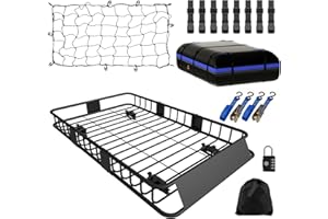 FORWODE 250LBS Universal Roof Rack Basket, 64"x39"x6" Rooftop Cargo Carrier Rack + Waterproof Cargo Bag 15 Cubic Feet(43"x34"x17") and Cargo Net, Ratchet Straps
