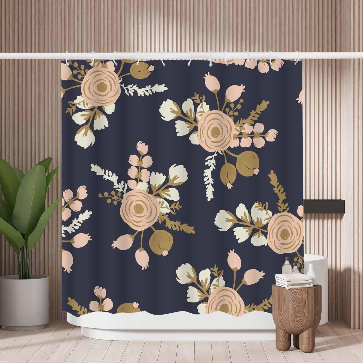 Woutay Shower Curtain Mould Proof Resistant Rose Floral Pattern,Water Repellant Fabric,Polyester,with 12 Plastic Hooks