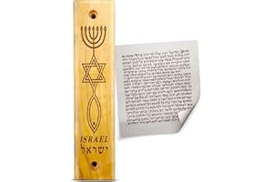 LOGOS TRADING POST Olive Wood Mezuzah with Scroll, Messianic Symbol - Menorah, Star, & Fish, Made in Israel, Religious Home Décor for Door & Wall, Includes Parchment Prayer Scroll, Jewish & Messianic House Wall Art