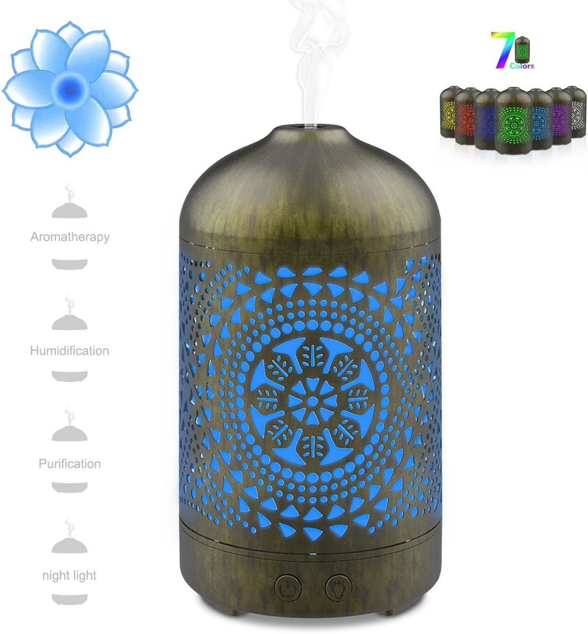 Olago 100ml Essential Oil Diffuser, Metal Aromatherapy Diffusers for Essential Oils Cool Mist Humidifier with 2 Mist Modes, Waterless Auto Shut-Off and 7 Colors LED Lights for Baby Home Office Yoga