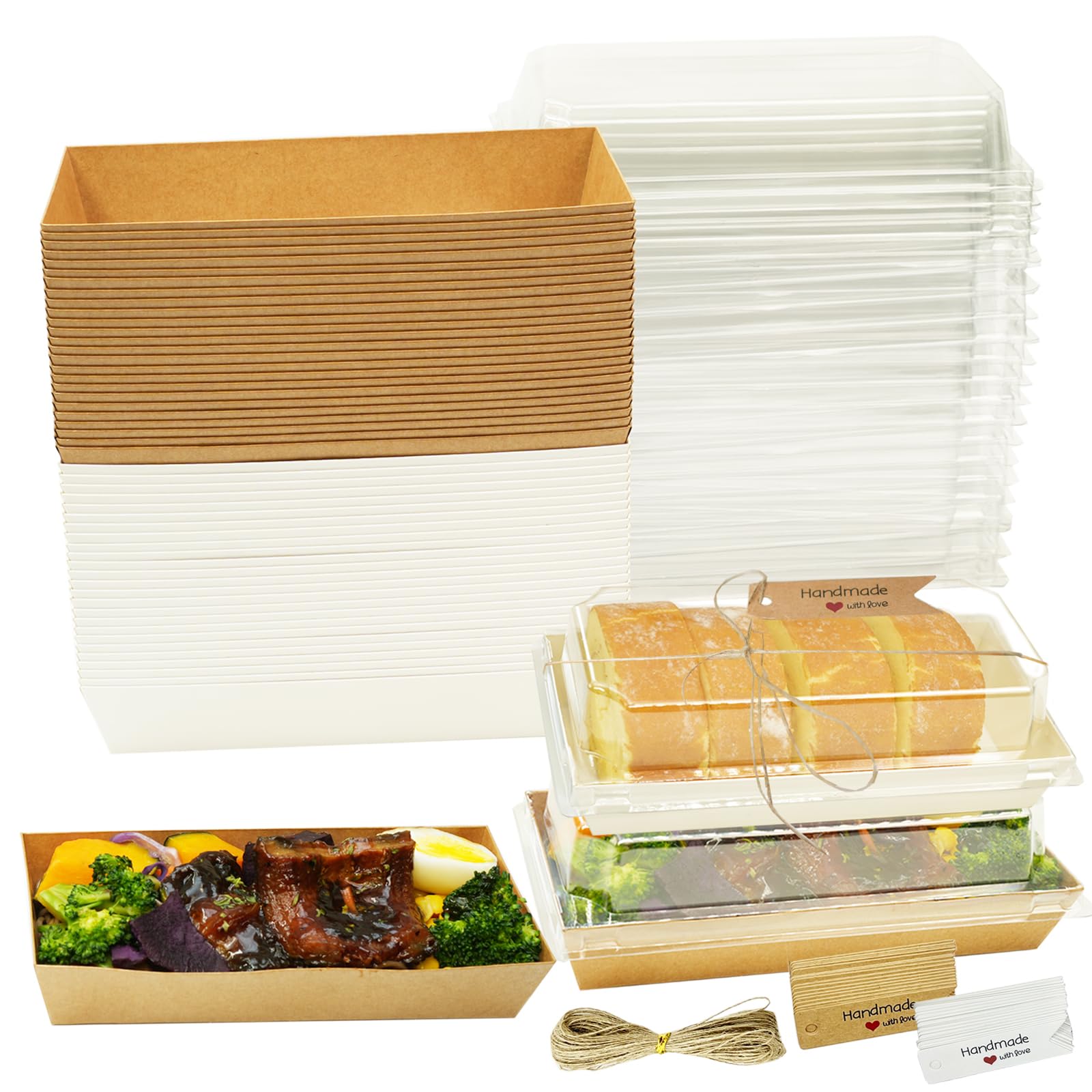 Photo 1 of 50 Pack Small Charcuterie Boxes with Clear Lids 7.5"Lx 3.3"W- To Go Paper Mini Treat Containers,Rectangle Disposable Bakery Containers, Dessert Boxes for Cookie, Cake Slice Sandwich Chocolate (50)