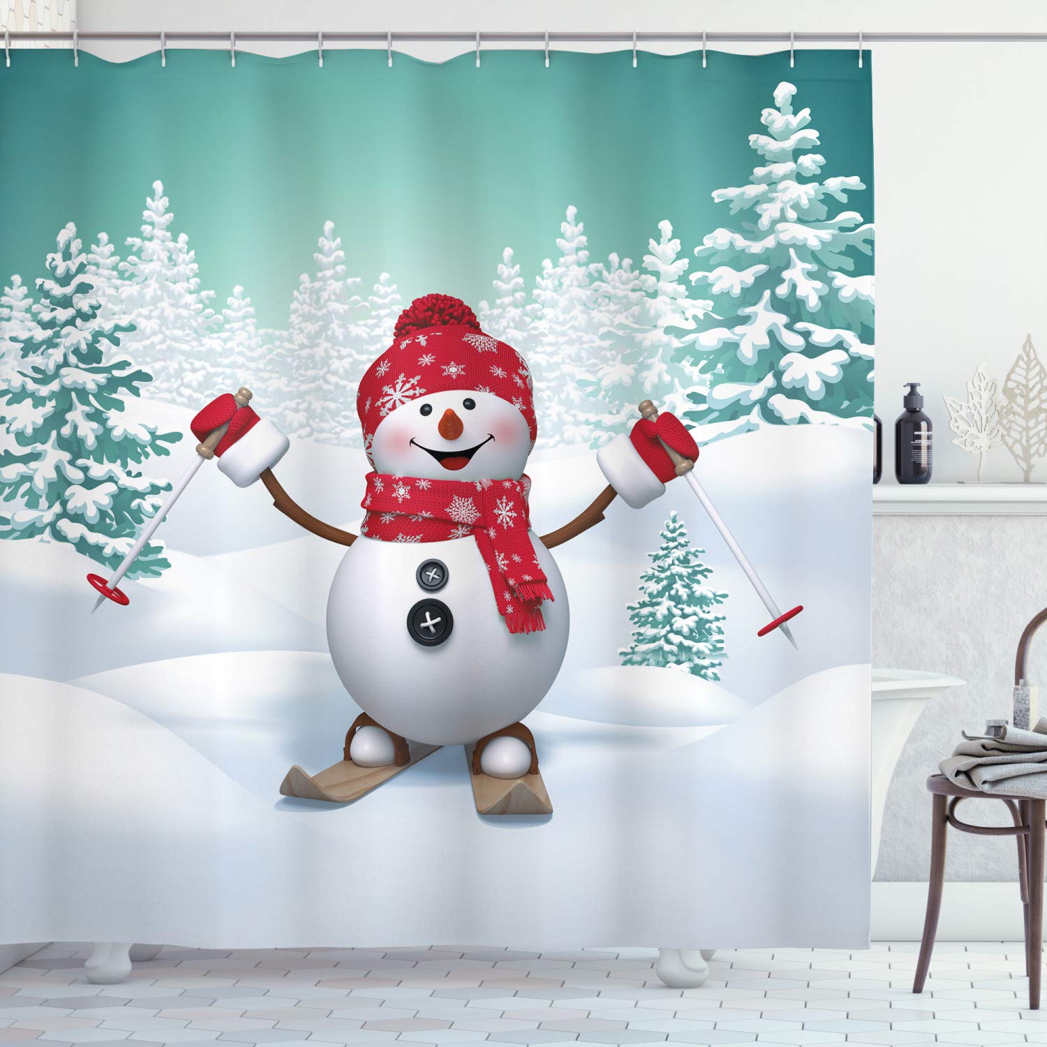 ABAKUHAUS Christmas Shower Curtain, Snow Covered Mountain Fir Trees and Skiing Snowman Fun Holiday Activity, Cloth Fabric Bathroom Decor Set with Hooks, 94 Inches, Teal Red White — image 1