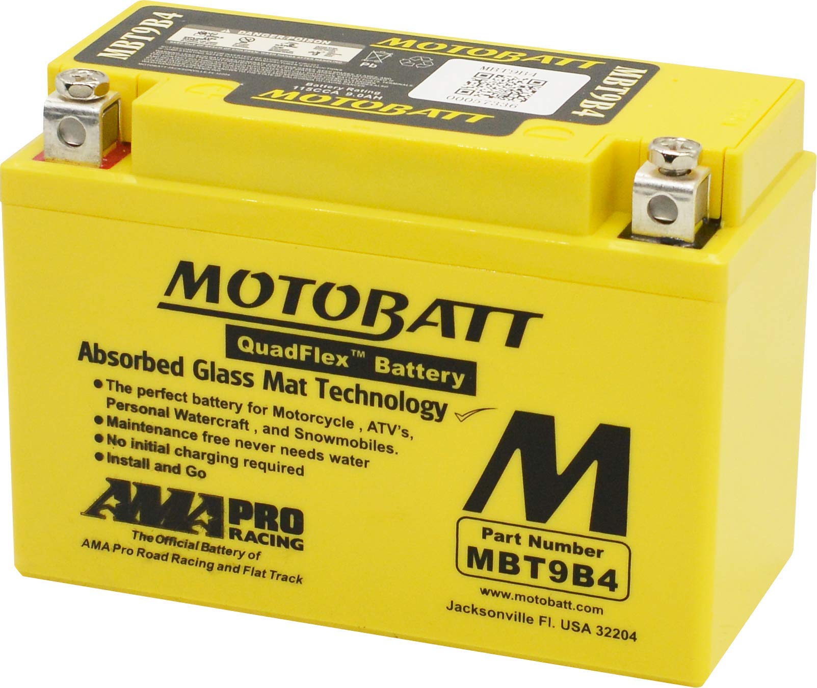12 Volt 9 Ah MotoBatt MBT9B4 Sealed Maintenance Free AGM Battery