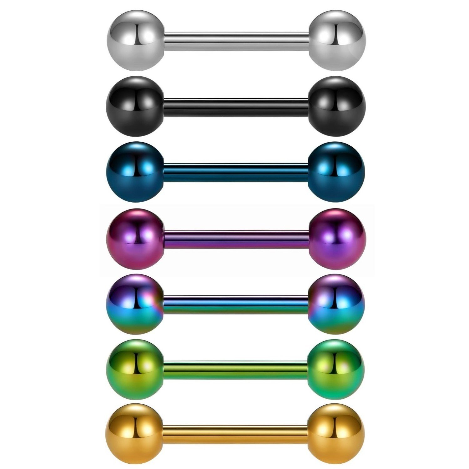 VCMART 7 Pieces Titanium Anodized Surgical Steel Tongue Bars Nipple Ring Body Piercing (12mm)