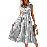 Floerns Women's Striped Print Notched Neck Sleeveless Ruffle A Line Midi Dress