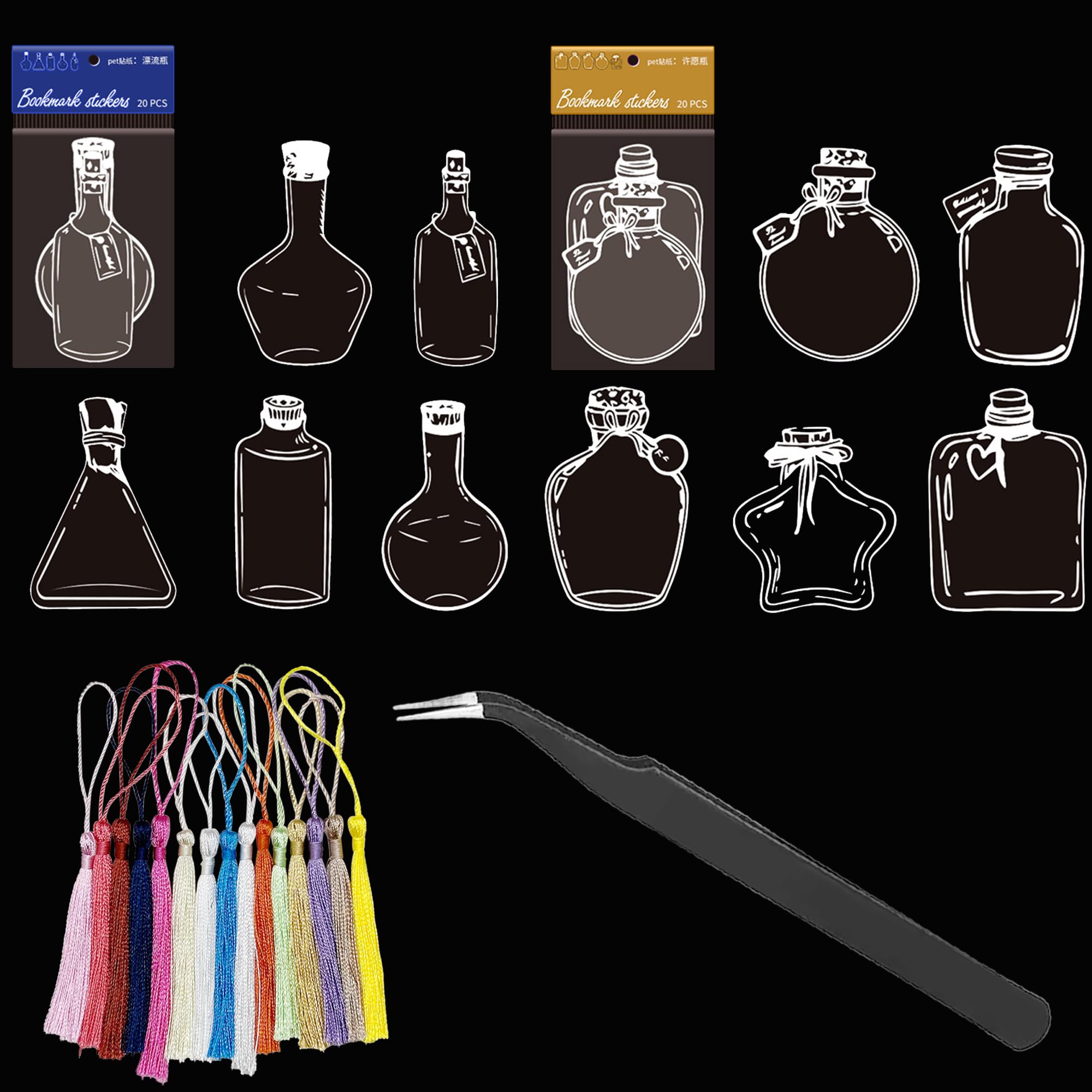Attuslla 40 Sheet Clear Pressed Flower Bookmark DIY Plant Bookmark with Tassels and Tweezers, Mixed Size Clear Pressed Flower Bookmark Bottle Shaped Flower Bookmark Maker for Making Dried Flowers