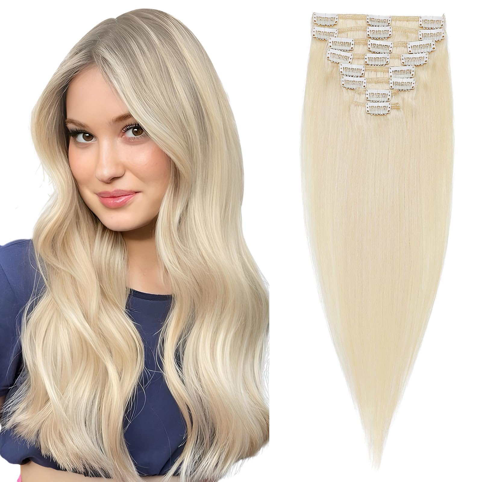 Elailite DOUBLE DRAWN Hair Extensions Real Human Hair Clip in 100% Remy Hair 8 Pcs Full Head Basic Thickness (22"-85g, #60 Platinum Blonde)