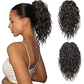 Flufymooz Ponytail Extension, 12" Short Claw Ponytail Extension Wavy Curly Jaw Clip in Pony tails Hair Extension Natural Synthetic Hairpiece for Women (Black Brown)
