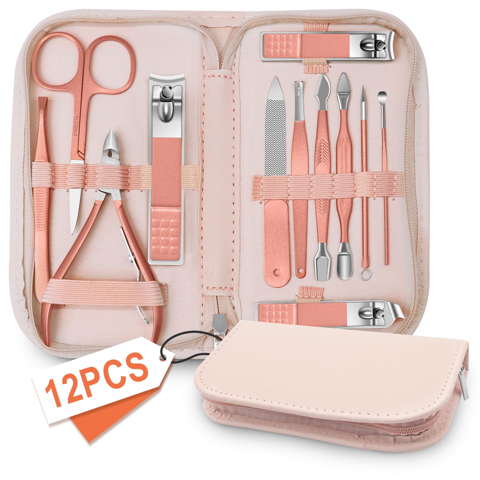 Manicure Pedicure Set 12PCS, Nail Clippers Set for Men Women, Toe Nail Clipper, Manicure & Pedicure Tools & Accessories, Nail Grooming Kit with Rose Gold Leather Case for Travel & Home — image 1