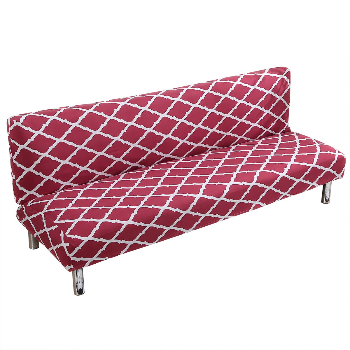 Armless Sofa Bed Cover Spandex Stretch Print Futon Slipcover Non-slip Folding Armless Sofa Cover Seat Couch Protector Fits for 2-3 Seater Folding Sofa Bed without Armrests, 180-210cm (Burgundy)